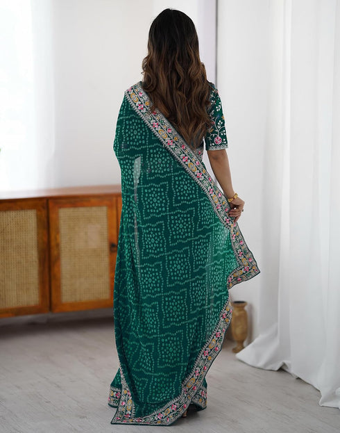 Vasthrlay Georgette Embroidery Teal Green Saree With Unstitched Blouse Piece