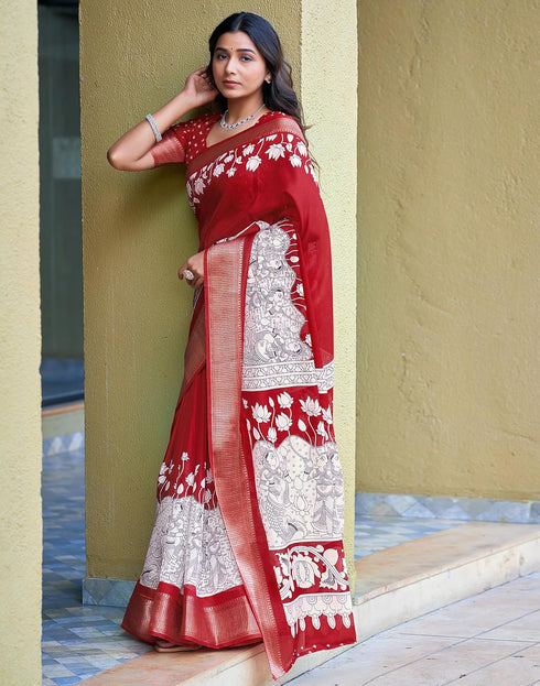 Vasthrlay Printed Weaving Unstitched Red Saree