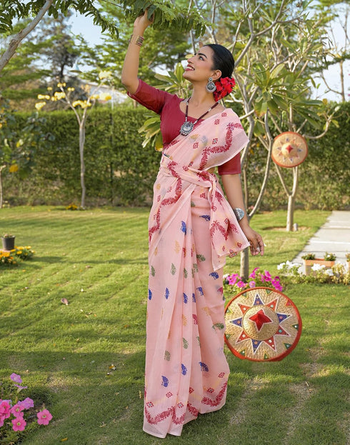Vasthrlay Womens Printed Unstitched Peach Saree