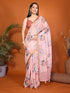 Vasthrlay Pink Floral Printed Design Linen Saree With Solid Unstitched Linen Blouse Piece