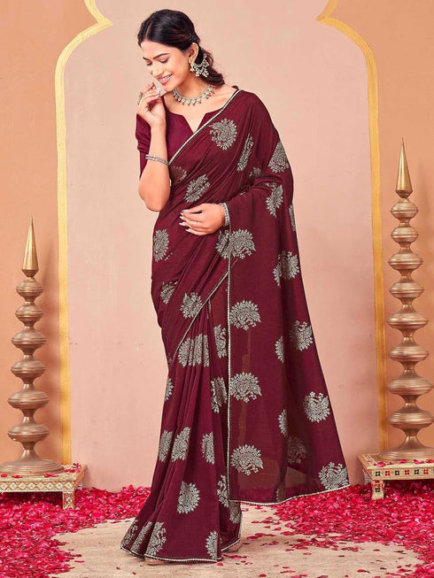 Vasthrlay Vichitra Printed Unstitched Rani Pink Saree