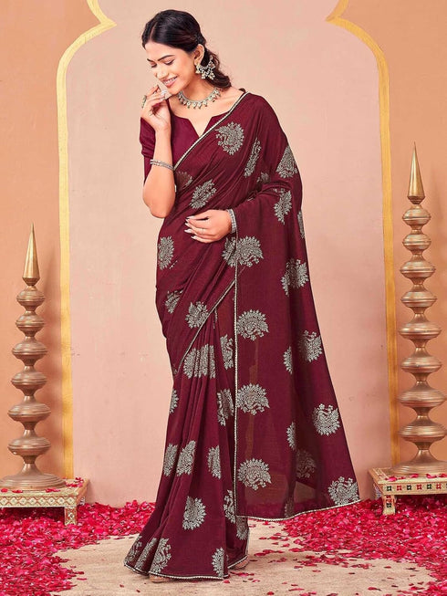 Vasthrlay Vichitra Printed Maroon Saree With Unstitched Blouse Piece