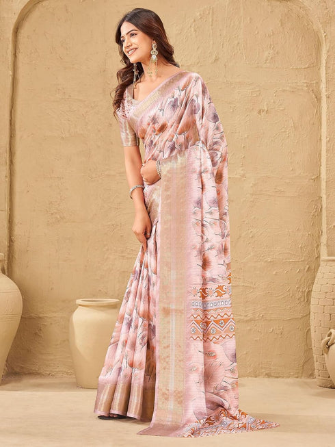 Vasthrlay Printed Jacquard Light Pink Saree With Unstitched Blouse Piece