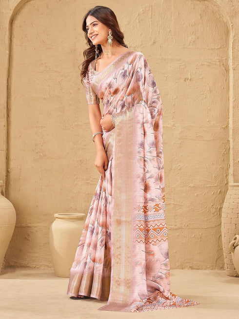 Vasthrlay Printed Jacquard Unstitched Dusty Pink Saree
