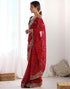 Vasthrlay Georgette Embroidery Red Saree With Dark Green Unstitched Blouse Piece