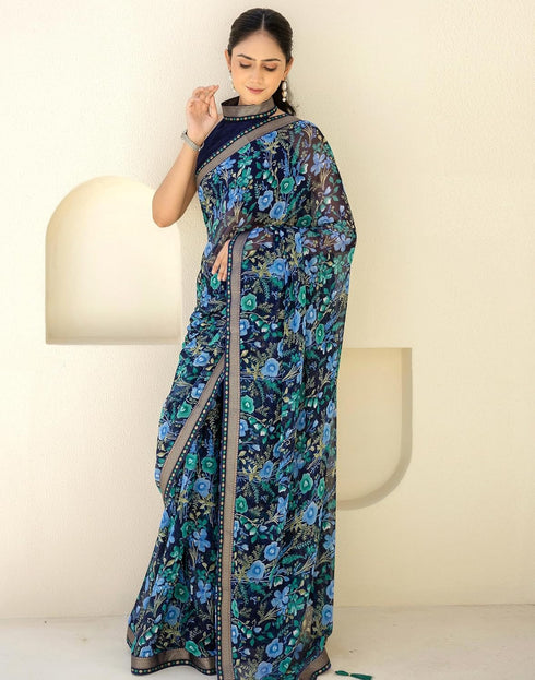 Vasthrlay Chiffon Tassels Unstitched Dark Green Saree