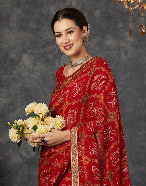 Vasthrlay Georgette Bandhani Red1 Saree With Unstitched Blouse Piece