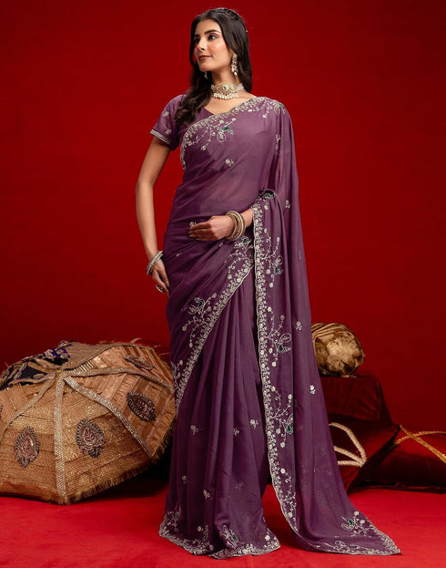 Vasthrlay Georgette Embroidery Mauve Saree With Unstitched Blouse Piece
