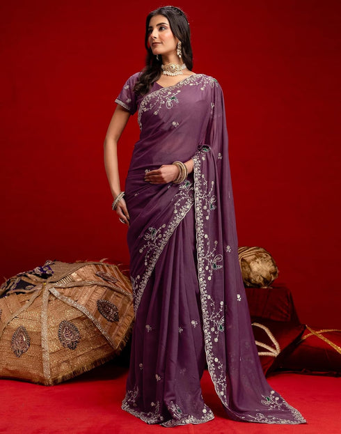 Vasthrlay Georgette Embroidery Unstitched Maroon Saree