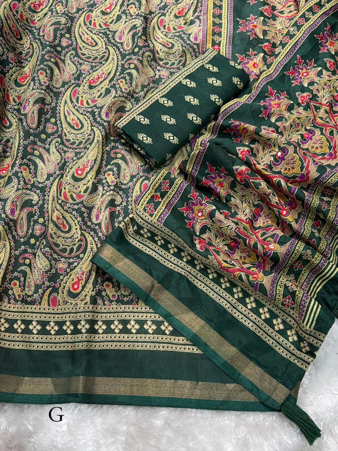 Vasthrlay Ajrakh Print Saree with Paisley Pattern Green Color | Cotton Blend, Traditional Woven Border