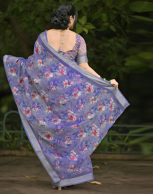 Vasthrlay Chanderi Printed Unstitched Blue Saree