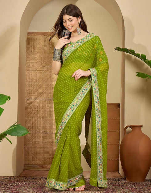 Vasthrlay Printed Georgette Unstitched Green Saree