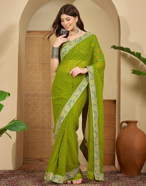 Vasthrlay Printed Georgette Light Green Saree With Unstitched Blouse Piece