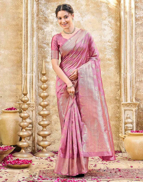 Vasthrlay Womens Weaving Light Pink | Gold Saree With Unstitched Blouse Piece