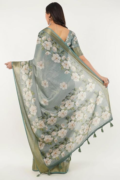 Vasthrlay Sea Green Textured Polyester Saree With Kalamkari Floral Border And Ruched Unstitched Blouse Piece