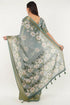 Vasthrlay Sea Green Textured Polyester Saree With Kalamkari Floral Border And Ruched Unstitched Blouse Piece