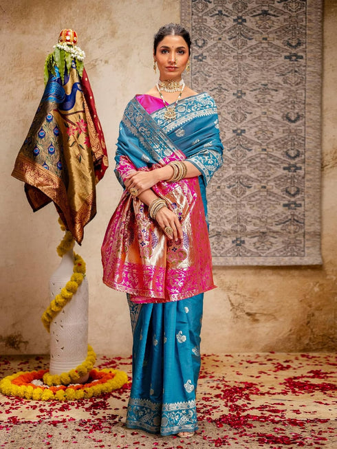 Vasthrlay Banarasi Weaving Navy Navy Blue Saree