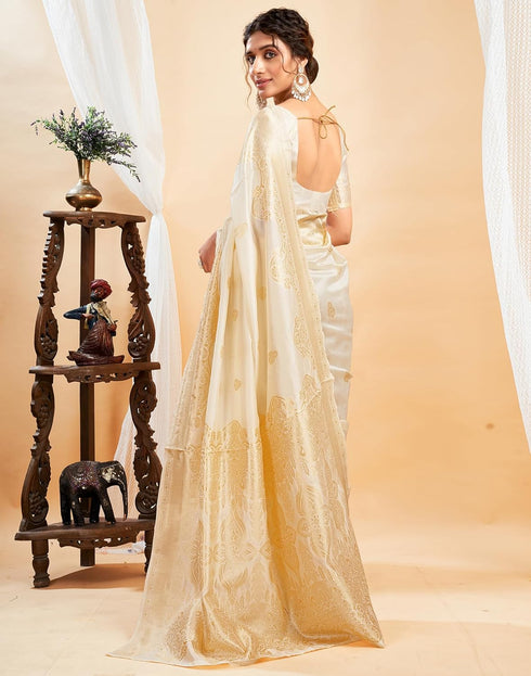 Vasthrlay Banarasi Jacquard Unstitched Off White Saree