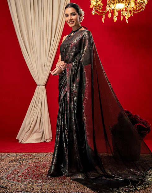 Vasthrlay Chiffon Printed Unstitched Black Saree