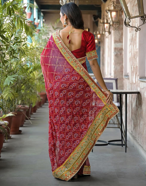 Vasthrlay Bandhani Embroidery Magenta Saree With Red Unstitched Blouse Piece