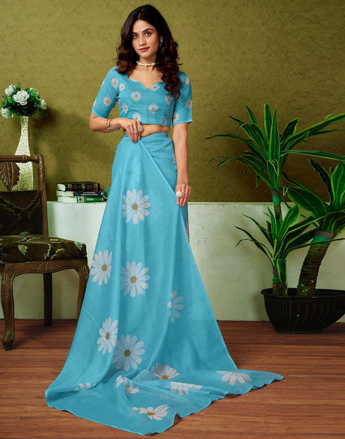 Vasthrlay Chanderi Printed Unstitched Blue Saree