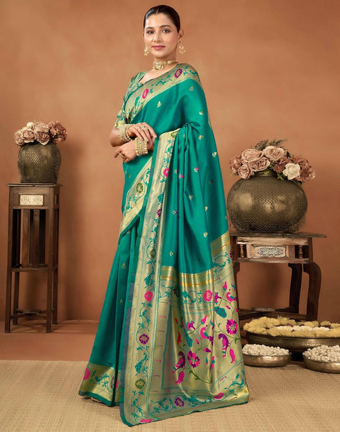 Vasthrlay Womens Paithani Unstitched Dark Green Saree