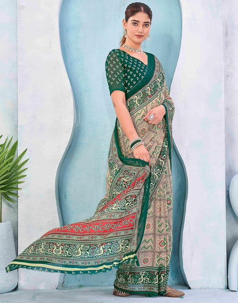 Vasthrlay Georgette Bandhani Unstitched Teal Saree