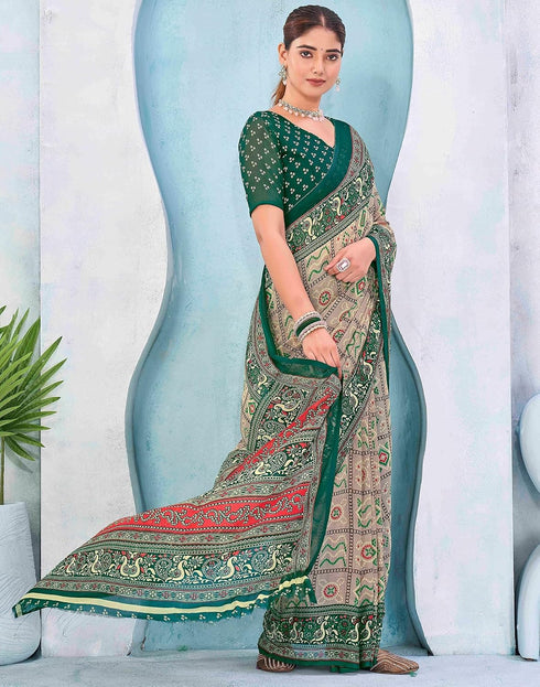 Vasthrlay Georgette Bandhani Blouse Piece Green Saree With Unstitched Blouse Piece