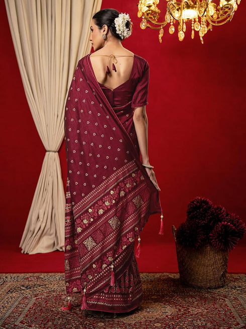 Vasthrlay Vichitra Printed Unstitched Maroon Saree