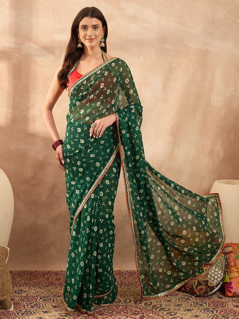 Vasthrlay Vasthrlaywomensgreengeorgettebandhaniprintembroideredlaceworksareewithunstitchedblousepiece Sareeforwoman Designersareeforwomen Tr Ethnic Wear