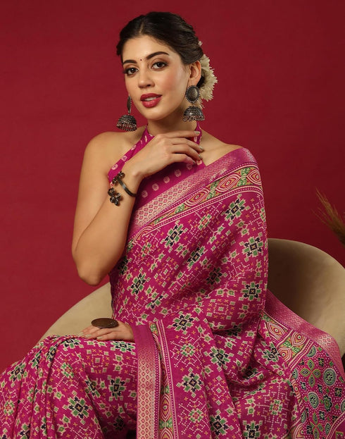 Vasthrlay Georgette Bandhani Rani Pink Saree With Unstitched Blouse Piece