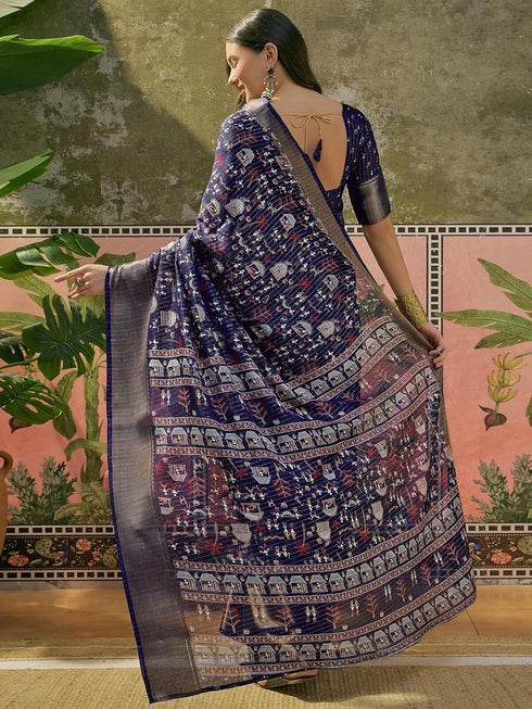 Vasthrlay Womens Printed Unstitched Navy Blue Saree