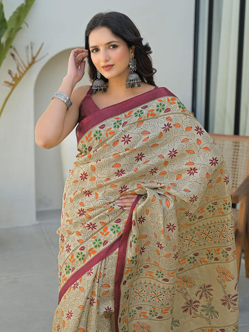 Vasthrlay Printed Tassels Unstitched Khaki Saree