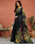 Vasthrlay Womens Printed Black And Green Saree With Unstitched Blouse Piece