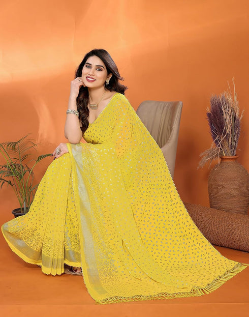 Vasthrlay Georgette Weaving Yellow Saree With Unstitched Blouse Piece