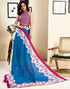 Vasthrlay Womens Printed Dark Blue Saree With Pink Unstitched Blouse Piece