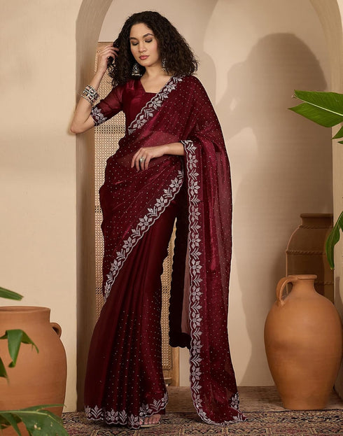 Vasthrlay Shimmer Scalloped Unstitched Maroon Saree