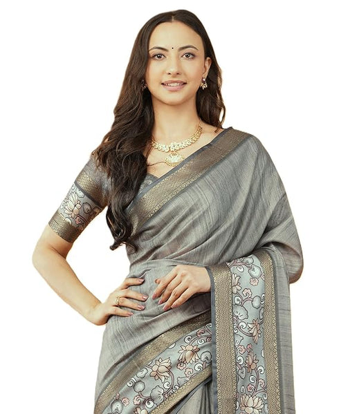 Vasthrlay Beige Rust Geometric Print Polyester Saree With Dull Gold Zari Border And Unstitched Blouse Piece