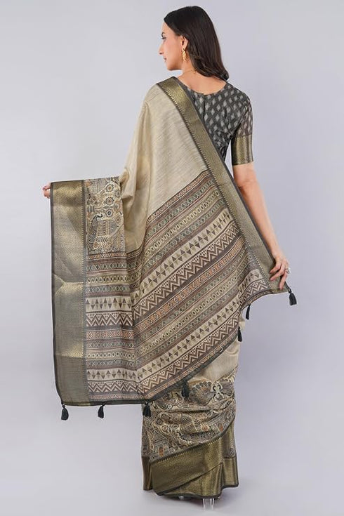 Vasthrlay Grey Polyester Saree With Unstitched Blouse Piece