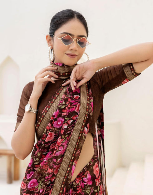 Vasthrlay Chiffon Tassels Unstitched Dark Green Saree