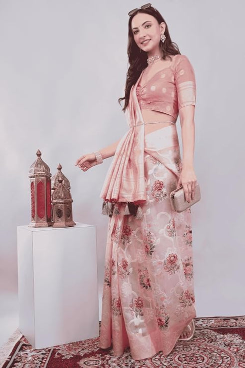 Vasthrlay Pink Floral Print Chanderi Silk Blend Saree With Unstitched Blouse Piece