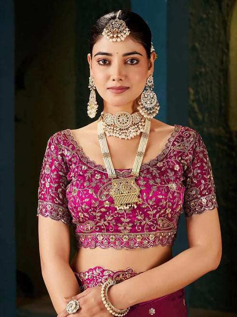 Vasthrlay Scalloped Embroidery Unstitched Rani Pink Saree