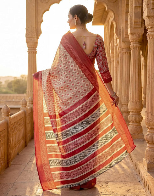 Vasthrlay Womens Printed Off-White | Dark Coral Pink Saree With Unstitched Blouse Piece