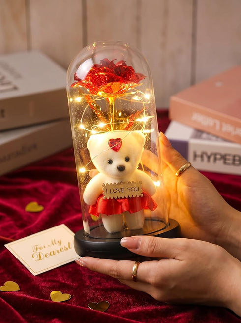 Wishpitara Valentines Day Artificial Rose Flower Light Gift in Glass Dome with Teddy