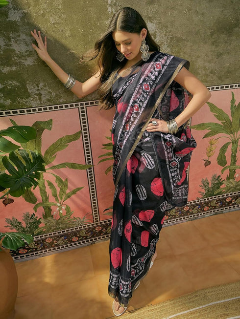 Vasthrlay Womens Printed Unstitched Beige Saree