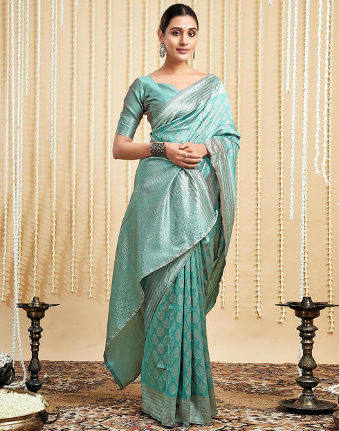 Vasthrlay Womens Banarasi Jacquard Mint Green Saree With Unstitched Blouse Piece