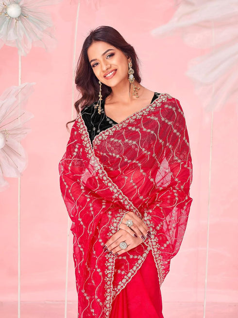 Vasthrlay Sequins Embroidery Red Saree