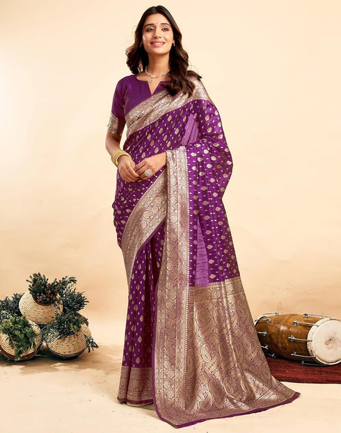Vasthrlay Kanjivaram Banarasi Wedding Purple Saree With Unstitched Blouse Piece
