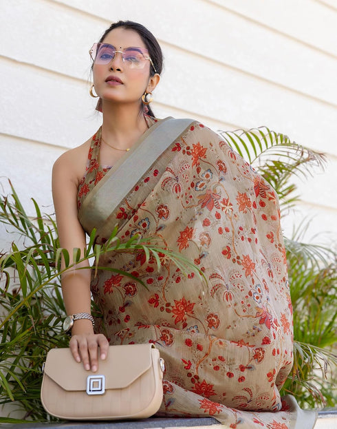 Vasthrlay Womens Printed Dark Beige Saree With Unstitched Blouse Piece