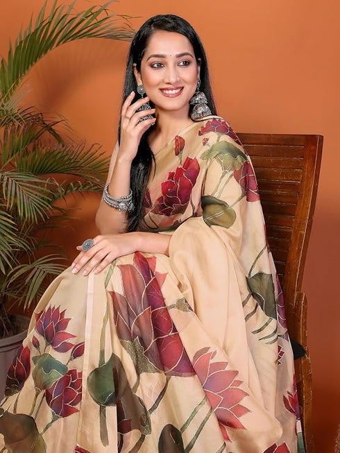 Vasthrlay Multicolour Leaf Print Organza Saree With Mustard Piping And Ruched Sleeveless Unstitched Blouse Piece